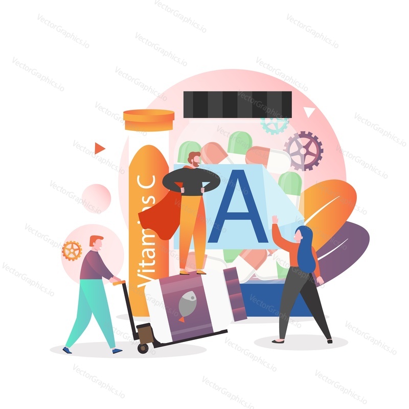Huge vitamin bottles and micro male and female characters, vector illustration. Vitamins and minerals for human organism needs concept for web banner, website page etc.