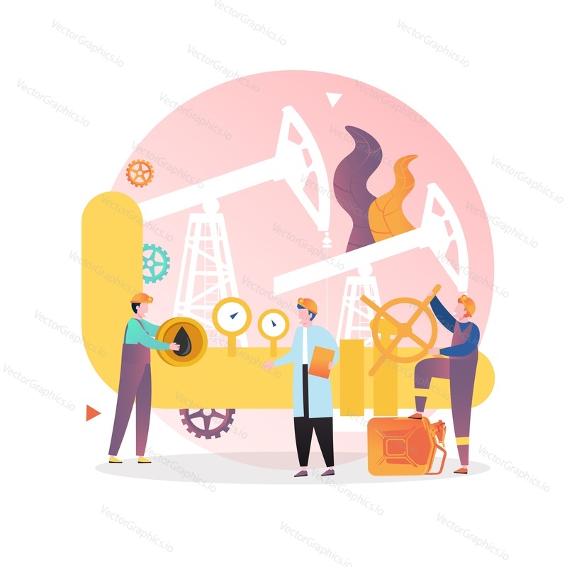 Pump jack těžící ropu z ropného vrtu, mužské postavy pracující na potrubí, vektorové ilustrace. Výroba a doprava ropy, koncepce potrubního průmyslu pro webovou stránku atd.
