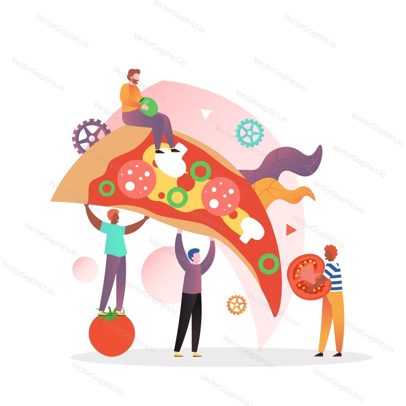 Micro male characters chefs holding huge delicious pizza and tomato slices, vector illustration. Italian cuisine, pizza restaurant, pizzeria business concept for web banner, website page etc.