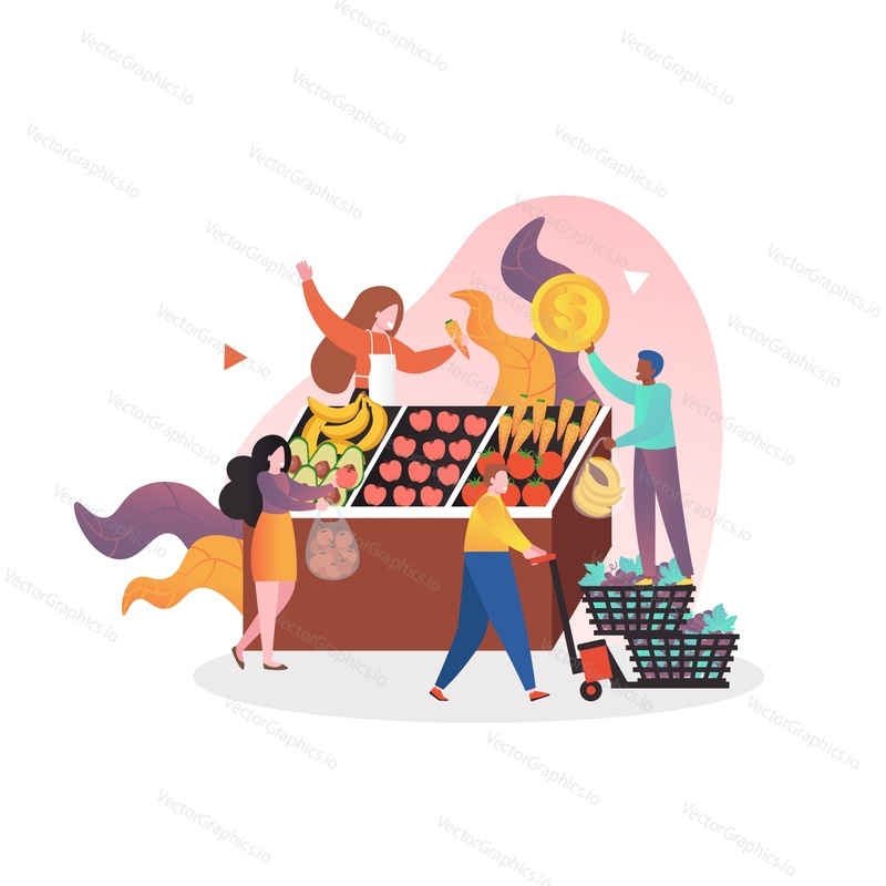 Organic food fresh fruit and vegetable market stall with saleswoman and buyers, vector illustration. Bazar, outdoor grocery store composition for web banner, website page etc.