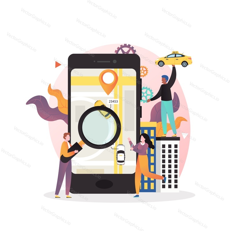Carsharing service vector concept ilustrace. Lidé, kteří používají mobilní aplikaci pro sdílení automobilů k pronájmu automobilu. Spolujízda, koncept pronájmu aut online pro webový banner, webovou stránku atd.