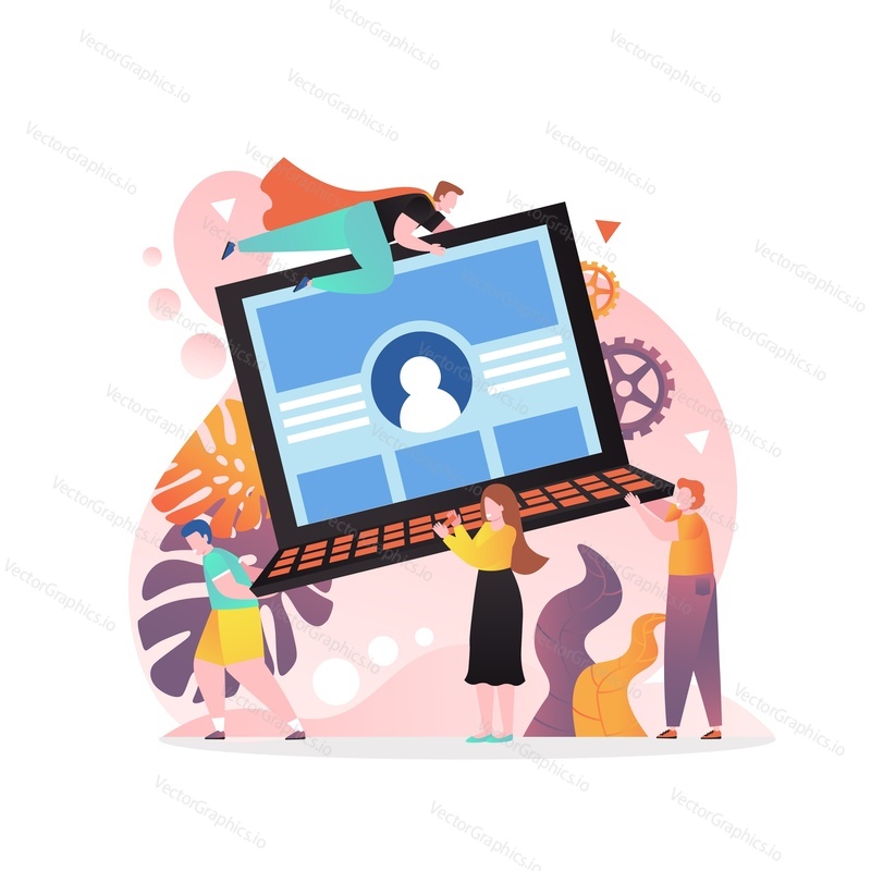 Vector illustration of tiny characters carrying huge laptop computer. Modern electronic gadgets concept for web banner, website page etc.