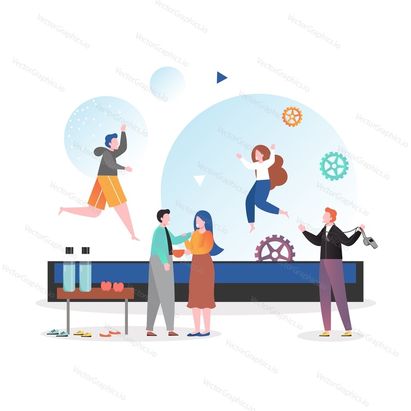 Happy children jumping on trampoline, vector illustration. Trampoline for kids entertainment and fun concept for web banner, website page etc.