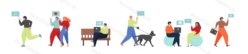 Lidé odesílají nebo přijímají textové zprávy pomocí bezdrátového připojení a chytrých telefonů a přenosných počítačů, vektorová plochá izolovaná ilustrace. Bezdrátová síťová komunikační technologie, wifi přístup.