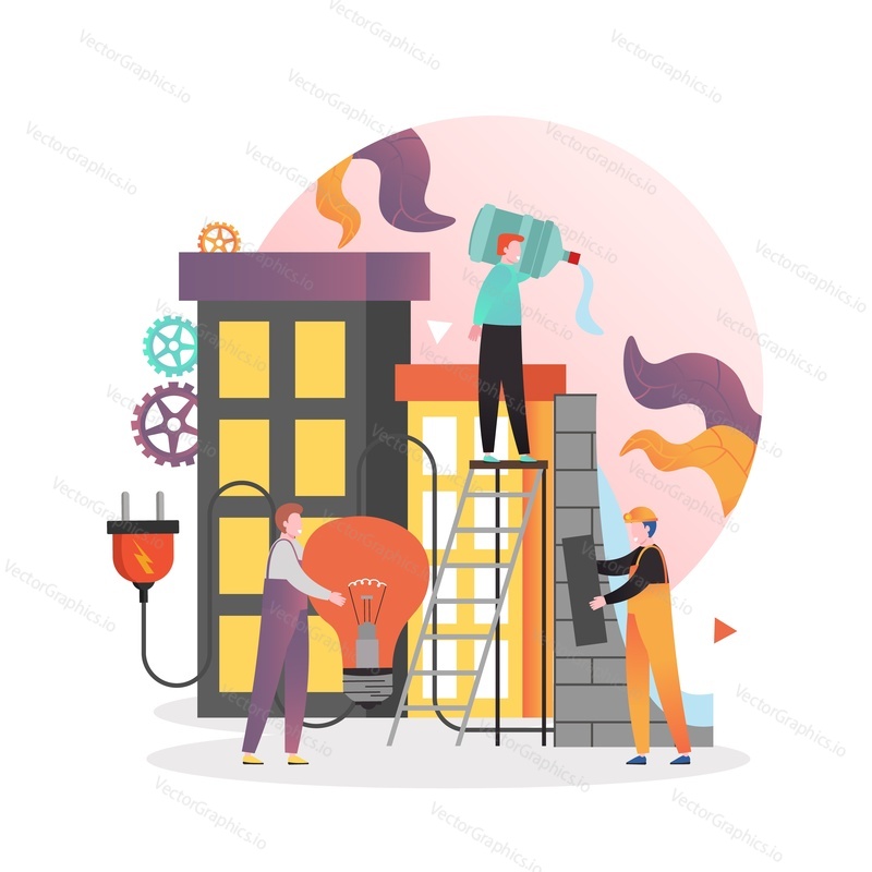 Výroba přehradní energie, vektorová ilustrace. Mužské a ženské postavy inženýrů pracujících ve vodní elektrárně. Vodní energie, energie padající vody, koncepce obnovitelných zdrojů.