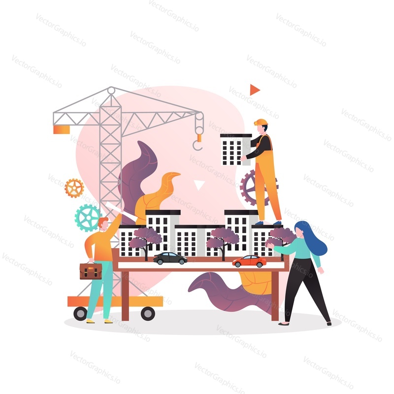 Architects and engineers working on architectural project of modern city buildings, vector illustration. Construction engineer services concept for web banner, website page etc.