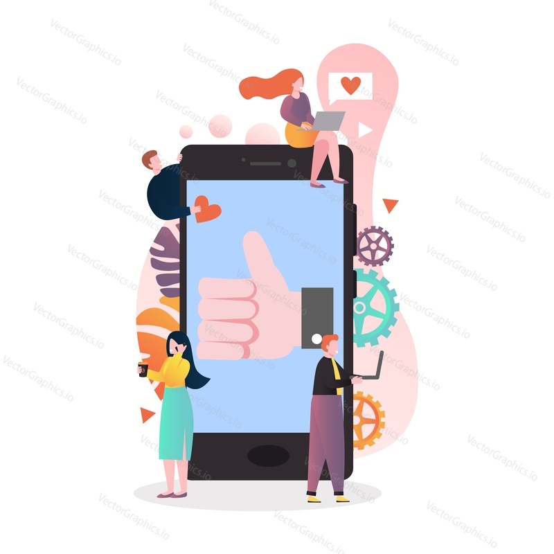 Векторная иллюстрация огромного смартфона с поднятым вверх знаком руки на экране и крошечными символами, использующими портативные компьютеры и мобильный телефон. Концепция мобильных технологий для веб-баннера, страницы веб-сайта и т.д.