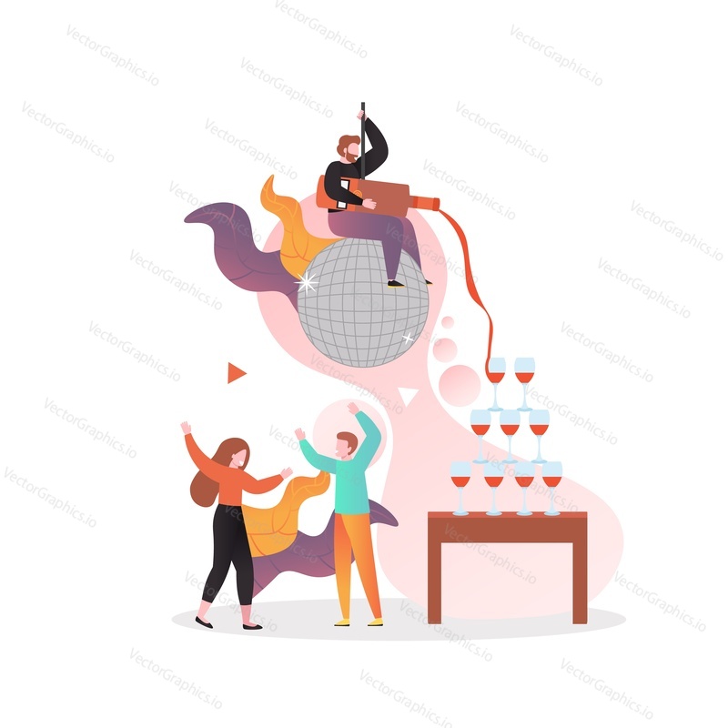 Disco party, vektorové ilustrace. Šťastní lidé nalévají víno, zatímco sedí na disco kouli, tančí. Noční klub Party složení pro web banner, webové stránky atd.