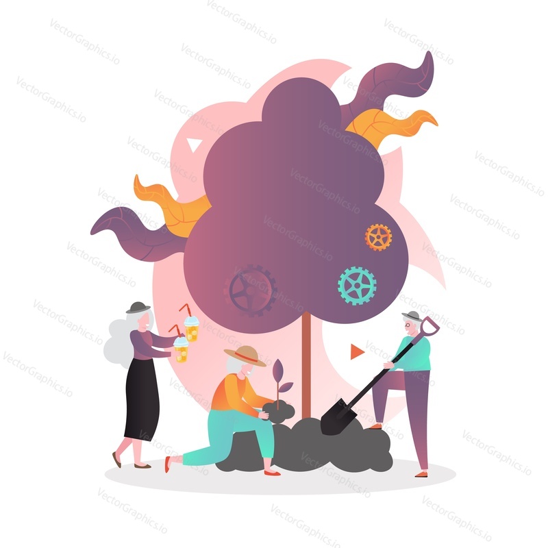 The elderly people pensioners male characters gardening, growing plants, working outdoors, vector illustration. Healthy and active lifestyles for seniors concept.