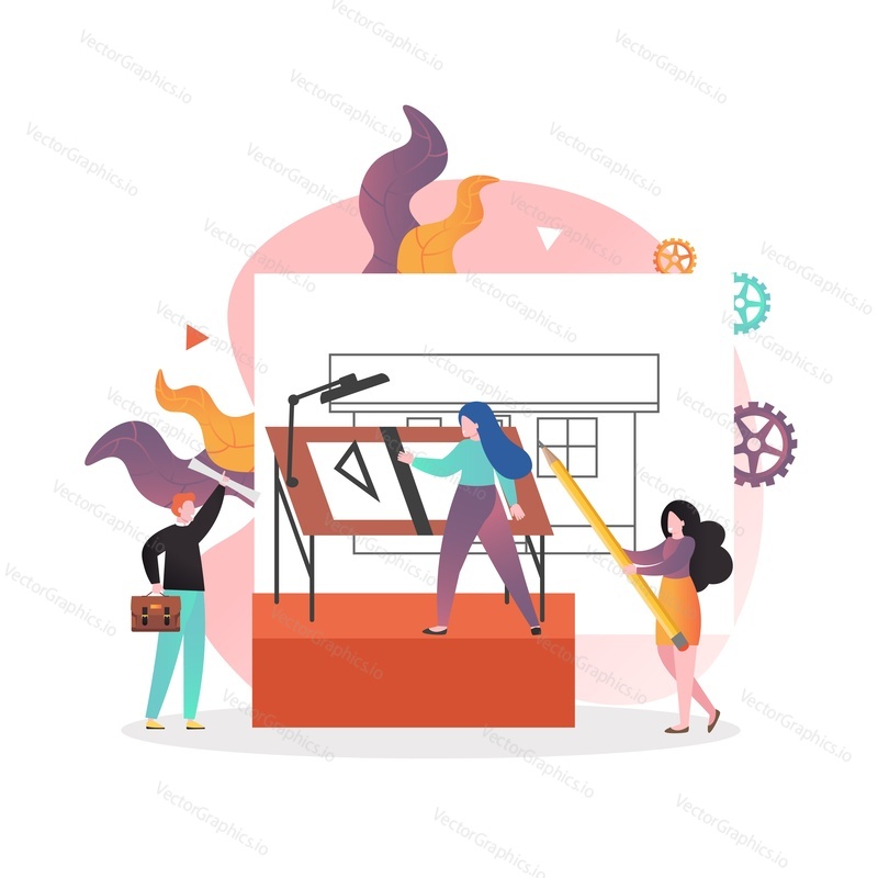 Male and female characters architect and engineers involved in design and construction of house, working with blueprints, vector illustration. Building project, construction architectural drawings.