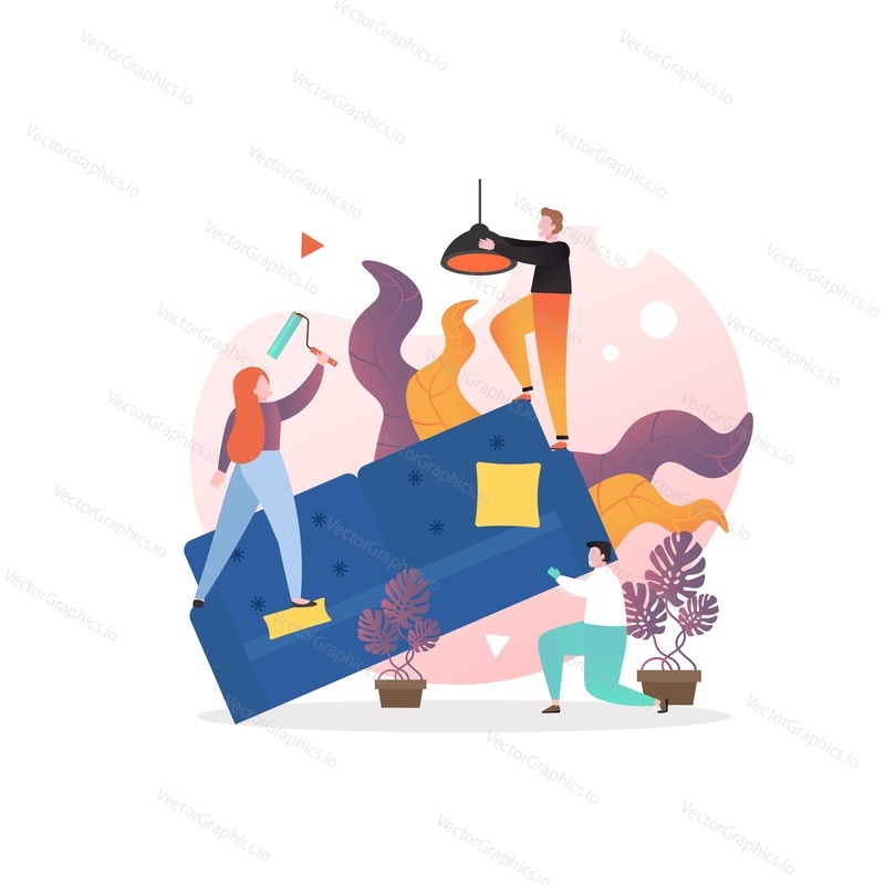 Professional interior designer services vector illustration. Male and female characters making furniture arrangement, home decoration. Interior design studio composition for web banner, website page.