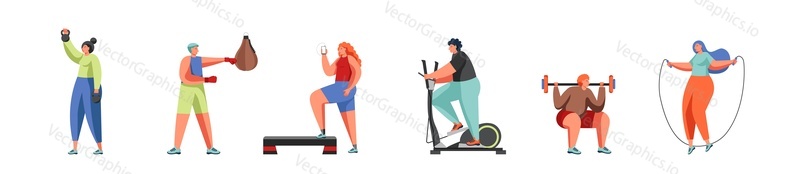 Lidé dělají fitness cvičení pomocí vybavení tělocvičny vector flat izolované ilustrace. Vzpírání, box, kulturistika, silový trénink, čerpání železa, kardio cvičení, hubnutí, sportovní aktivita