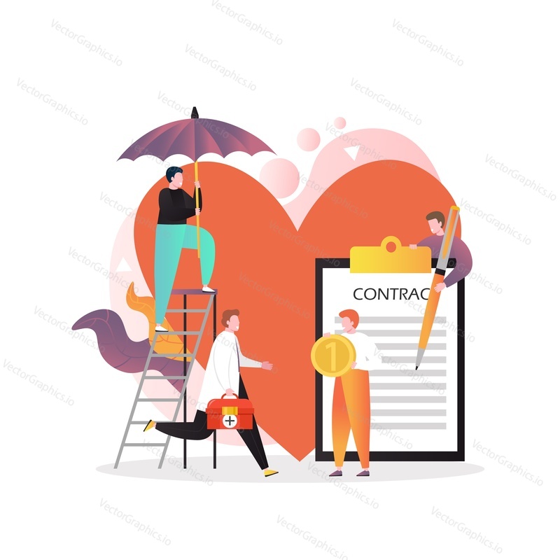 Health insurance concept vector illustration. Huge human heart, tiny characters holding umbrella, first aid kit and dollar coins, filling contract form. Medical care composition for website page etc.