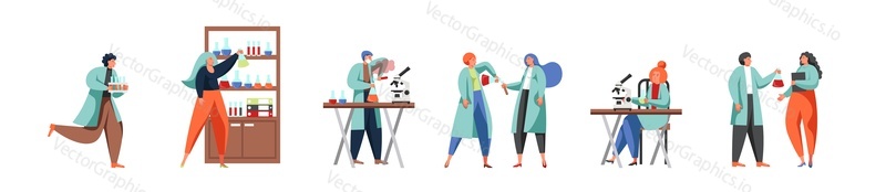 Věda lidé, vektorové ploché izolované ilustrace. Vědci nebo pracovníci laboratoře pracující ve vědecké laboratoři provádějící vědecký experiment, provádějící lékařský výzkum pomocí laboratorního vybavení, skla.