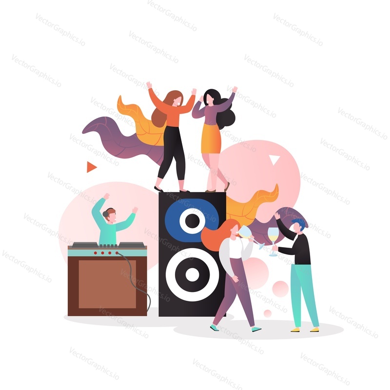 Disco party, vektorové ilustrace. Šťastní lidé tančí a pijí víno, dj míchá hudbu. Noční klub party, noční život složení pro web banner, webové stránky atd.