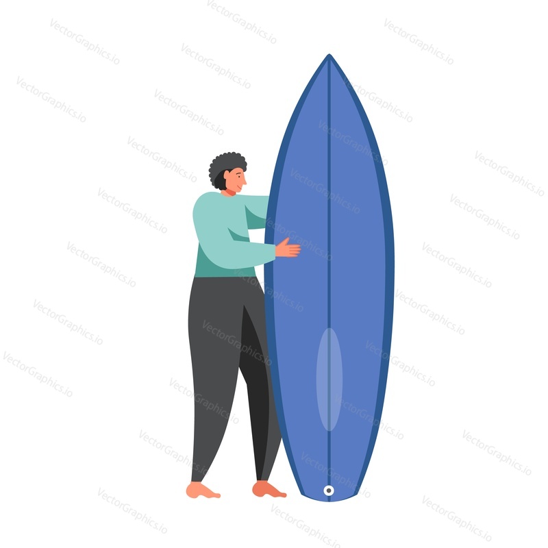 Muž surfař stojící s Surf, vektorové ploché ilustrace izolované na bílém pozadí. Koncept letních vodních sportů pro webový banner, webovou stránku atd.