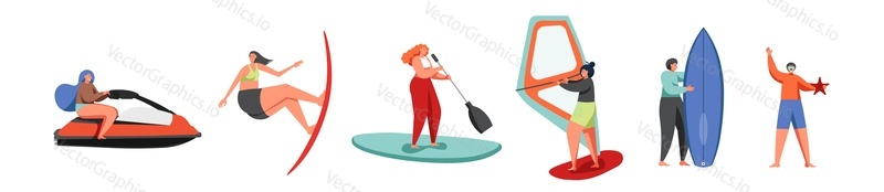 Lidé se těší extrémní letní vodní sporty, vektorové ploché ilustrace izolované na bílém pozadí. Stand up pádlo stravování, windsurfing, vodní skútr, šnorchlování, surfování. Letní plážové aktivity.