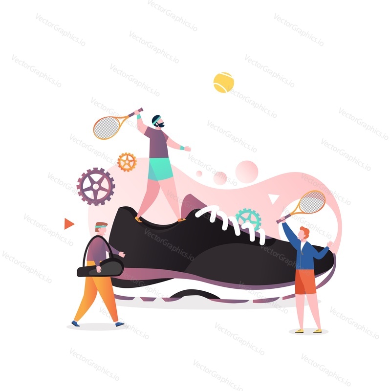 Obrovské tenisové tenisky a mikro mužské postavy hráči hrající hru, vektorová ilustrace. Raketa sportovní hra, tenisové boty koncept pro web banner, webové stránky atd.