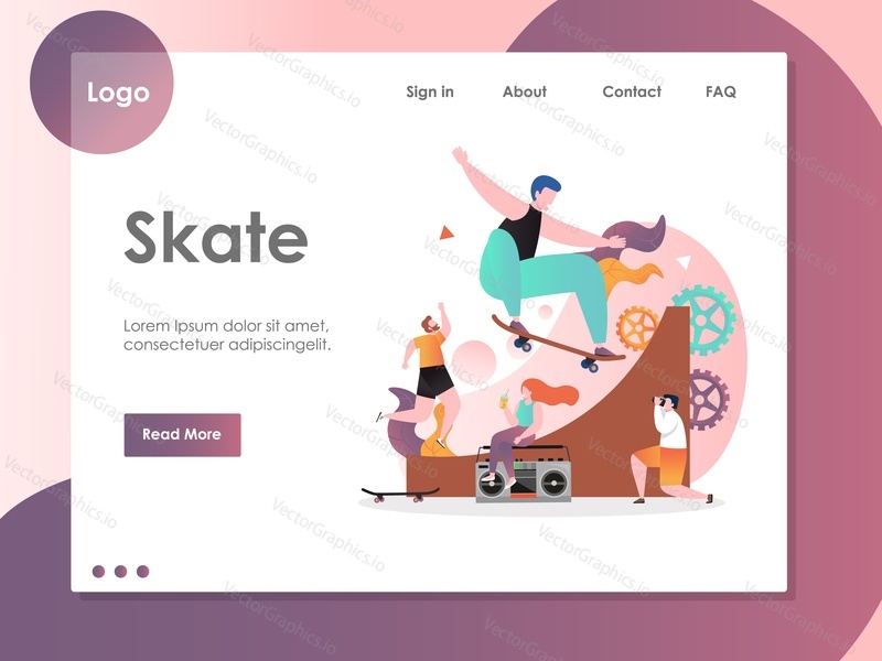 Šablona webových stránek Skate vector, design webových stránek a vstupních stránek pro vývoj webových stránek a mobilních stránek. Skateboarding, letní extrémní sportovní koncept.