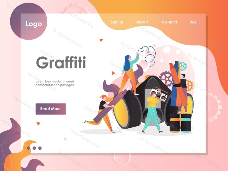 Graffiti vektorová webová šablona, webová stránka a design vstupní stránky pro vývoj webových stránek a mobilních stránek. Graffiti umělecké postavy, nástroje a doplňky.