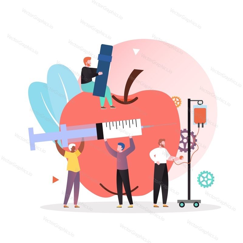 Obrovské jablko, mikro mužské postavy dostávají intravenózní infuzi inzulínu, injekce, vektorové ilustrace. Léčba léků na Diabetes mellitus, koncept dietní terapie pro webovou stránku atd.