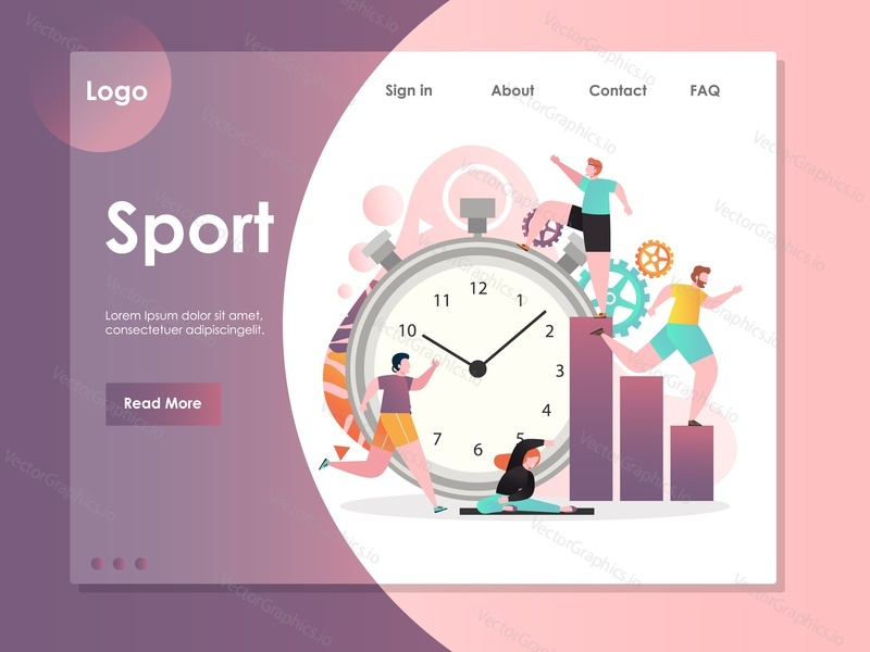 Šablona webových stránek Sport vector, design webových stránek a vstupních stránek pro vývoj webových stránek a mobilních stránek. Sport time koncept se stopkami a lidé běží, dělá jógu.