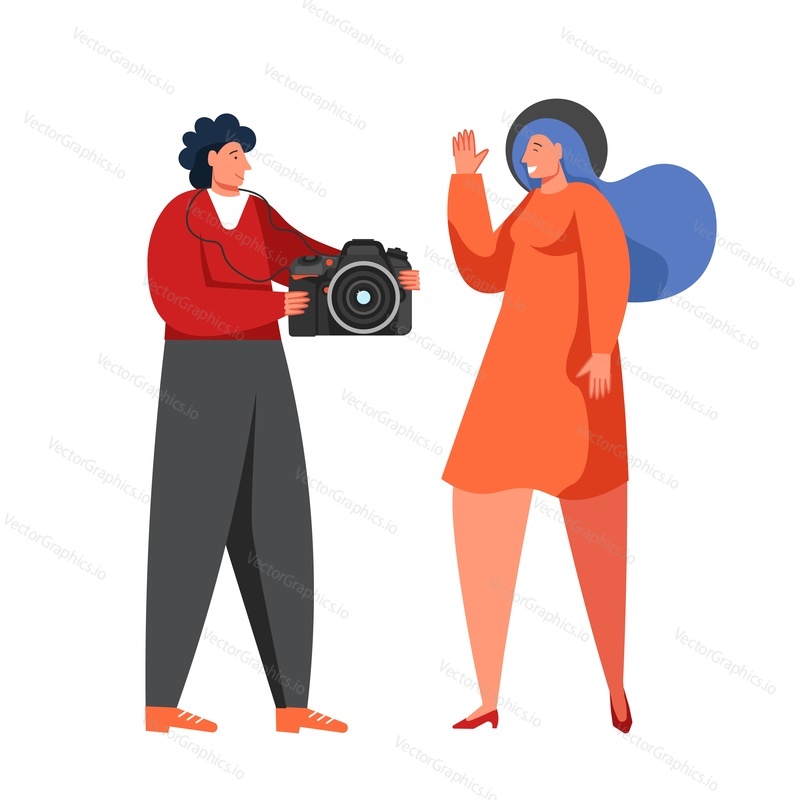 Muž a žena cestovní postavy fotografování, vektorové ploché izolované ilustrace. Cestování, dovolená, dobrodružný koncept pro webový banner, webovou stránku atd.