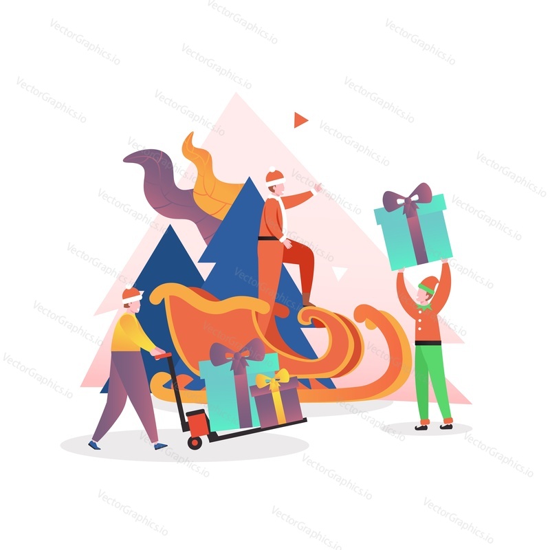 People in Santa hats with gift boxes, vector illustration. Christmas gifts preparation for New Year and Christmas party celebration composition for poster, banner, website page etc.