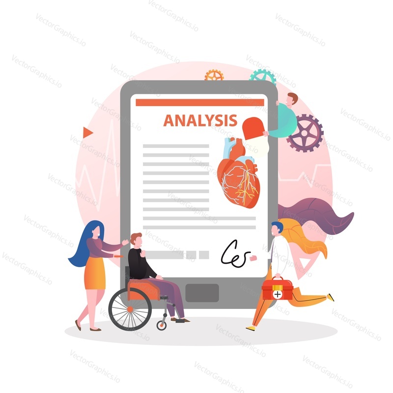 Heart health examination vector concept illustration. Blood testing, assesment of arteries and cardiovascular risks to prevent heart desease. Healthcare, cardiology composition for website page etc.