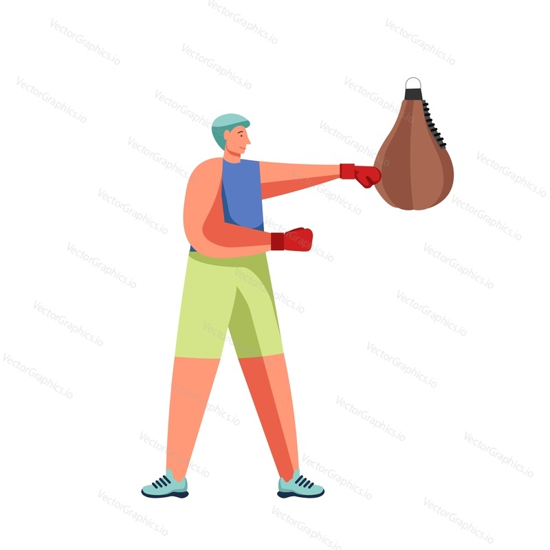 Muž bít děrování těžký pytel, vektorové ploché ilustrace izolované na bílém pozadí. Boxerské cvičení, trénink v tělocvičně, bojová umění, sportovní aktivita.