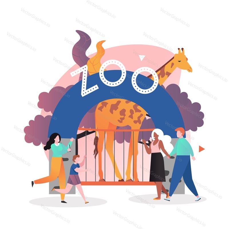 Vstupní brána do Zoo, žirafa v kleci a návštěvníci šťastný pár a matka se synem, vektorové ilustrace. Složení Zoo parku pro webový banner, webovou stránku atd.