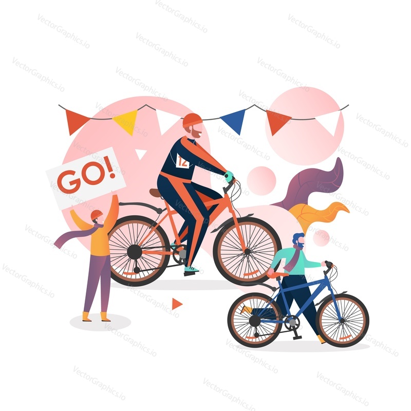 Mountain biking, vector illustration. Winter triathlon competition, championship, multisport run-bike-ski event concept for web banner, website page etc.