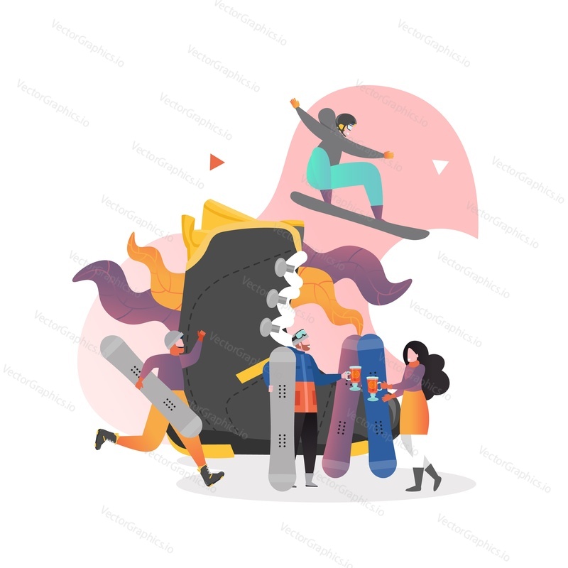 Huge snowboard boot, male characters with snowboards, vector illustration. Snowboarding equipment and gear, winter sport activity concept for web banner, website page etc.
