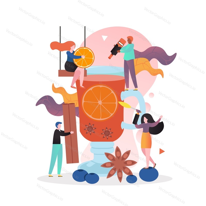 Cold winter season hot drinks, vector illustration. Micro male and female characters preparing huge mug of warming hot alcoholic drink with orange slices and cinnamon sticks for cold weather.
