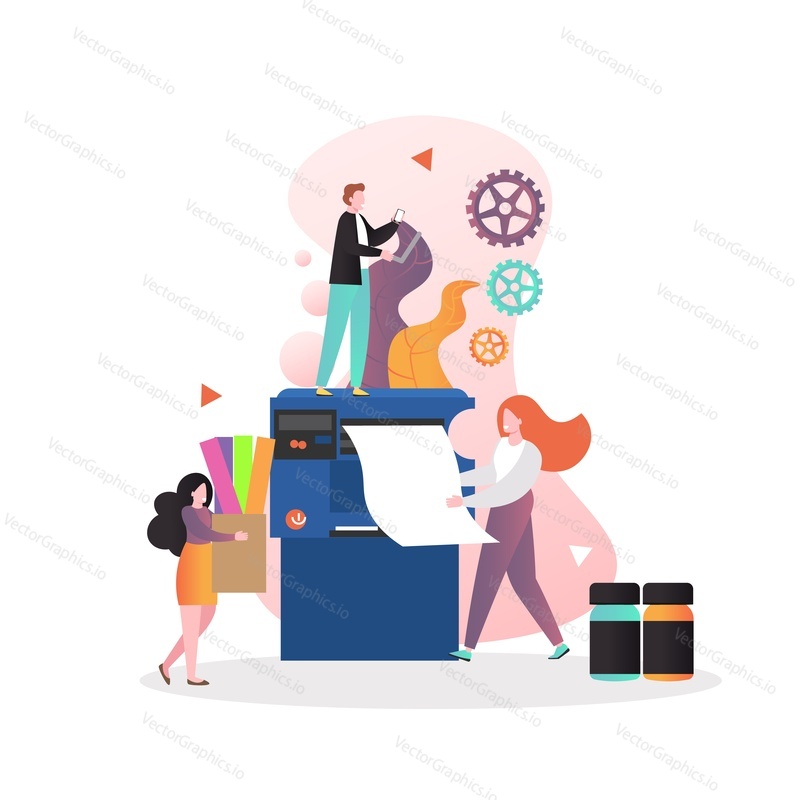 Typography services, vector illustration. Huge printer with paper, micro characters, offset printing inks or paints. Polygraphy, printing house, print shop concept for web banner, website page etc.