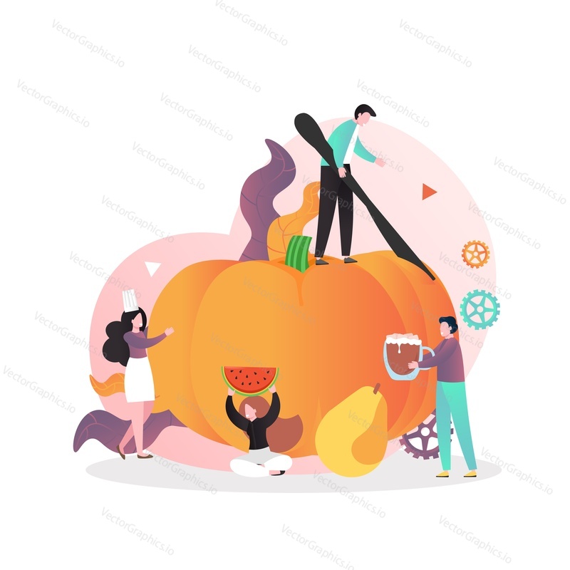 Micro male character cutting huge pumpkin with knife, vector illustration. Autumn seasonal healthy food, harvest festival concept for web banner, website page etc.