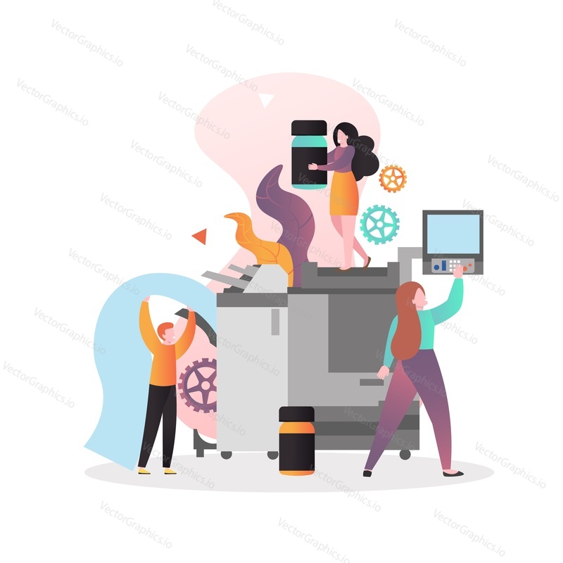 Typography services, vector illustration. Printing process with huge offset printers and micro male and female characters workers. Printing house composition for web banner, website page etc.