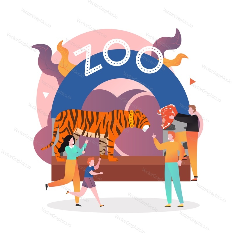 Vstupní brána do Zoo, muž krmení tygra s masem a návštěvníky šťastná rodina otec matka a syn, vektorové ilustrace. Složení Zoo parku pro webový banner, webovou stránku atd.