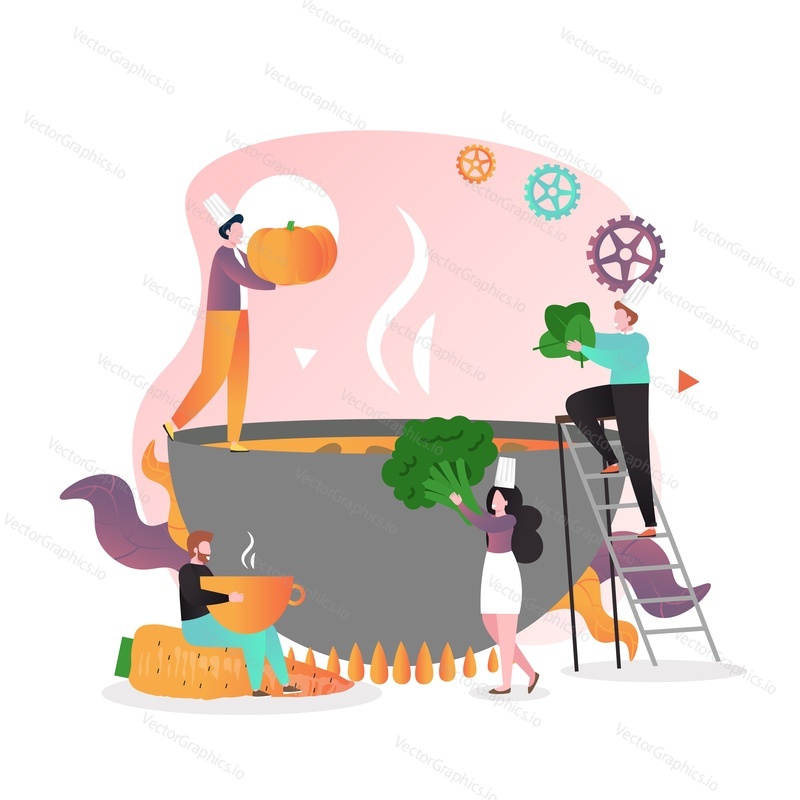 Male and female characters cooking pumpkin and broccoli soup, vector illustration. Autumn seasonal healthy food, harvest festival concept for web banner, website page etc.