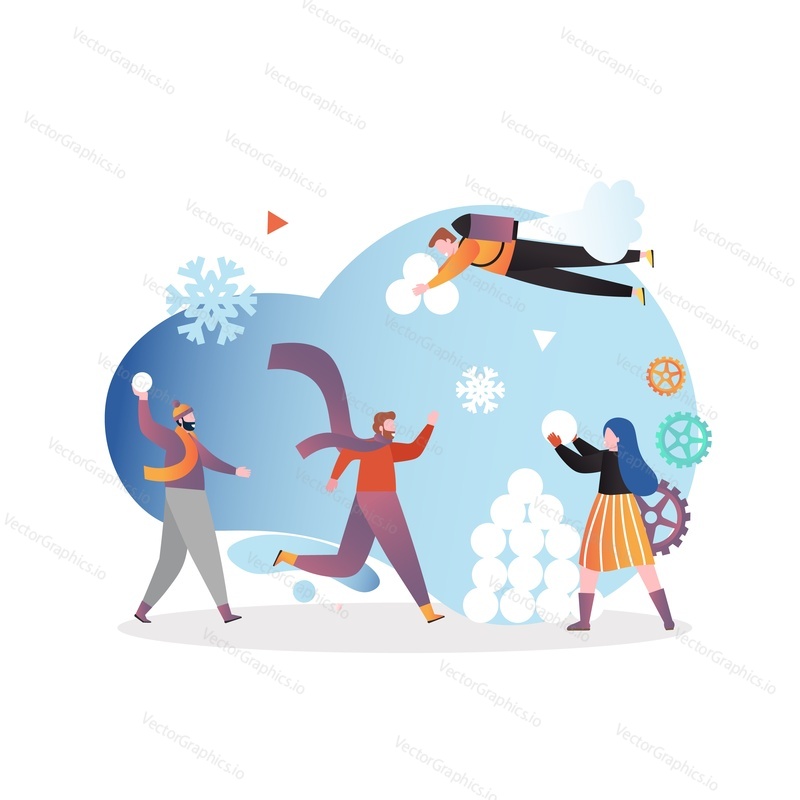 Happy male and female characters playing snowballs, vector illustration. Winter season fun, snowball fight concept for web banner, website page etc.