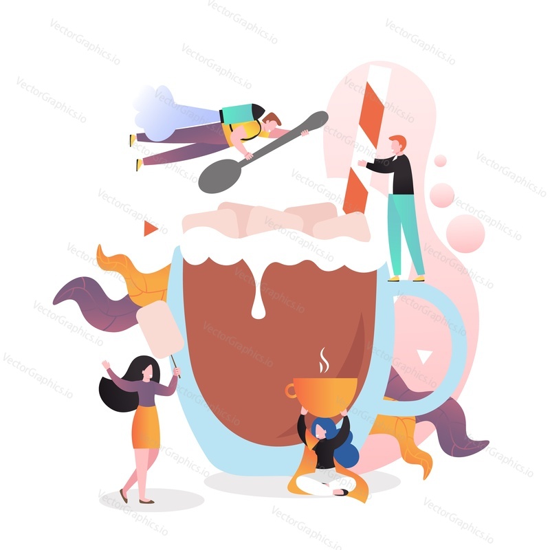 Studená zimní sezóna teplé nápoje, vektorové ilustrace. Micro mužské a ženské postavy připravuje obrovský hrnek kakaa se šlehačkou a marshmallow.
