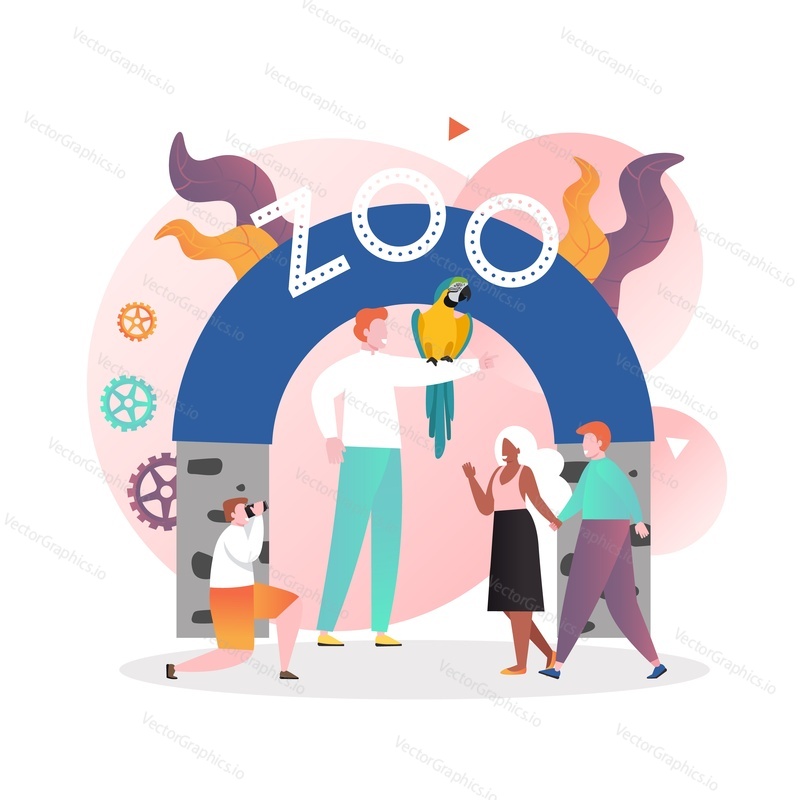 Vstupní brána do Zoo, návštěvníci šťastný pár, fotograf fotící muže s exotickým papouškem sedícím na paži, vektorové ilustrace. Složení Zoo parku pro webový banner, webovou stránku atd.