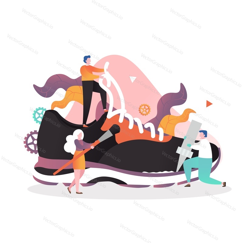 Mikro mužské a ženské postavy navrhování nové běžecké boty, šněrování, malování a lepení obrovské tenisky, vektorové ilustrace. Výrobní proces sportovní obuvi, koncept výroby obuvi.