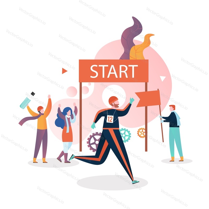 Running race marathon on snow, vector illustration. Winter triathlon competition, championship, multisport run-bike-ski event concept for web banner, website page etc.
