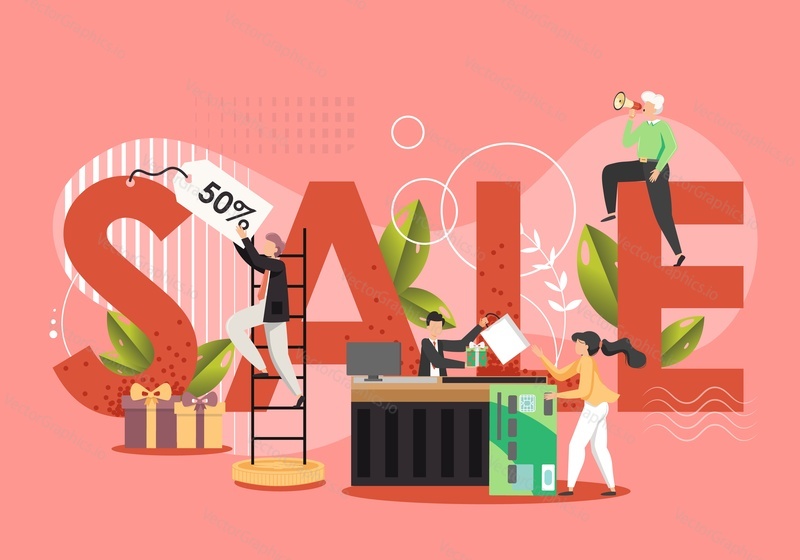 Sale in capital letters, shop assistants with price tag, megaphone, cashier, shopper woman buying gift using credit card, vector flat illustration. Sales and discounts, seasonal offers promotion.