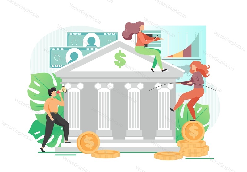 Здание банка, мужские и женские персонажи, работники, клиенты, деньги, векторная иллюстрация дизайна в плоском стиле. Банковское дело и финансы, надежные сбережения денег, банковские депозиты, инвестиции, концепции займов.