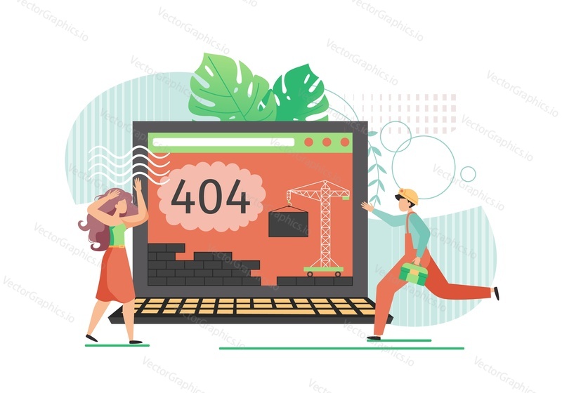 Obrovský notebook s upozorněním na chyby 404 na obrazovce, mikro znaky, vektorový plochý design ilustrace. Pracovník spěchá na pomoc vyděšená dívka opravit 404 chybová stránka nebyla nalezena, místo ve výstavbě.
