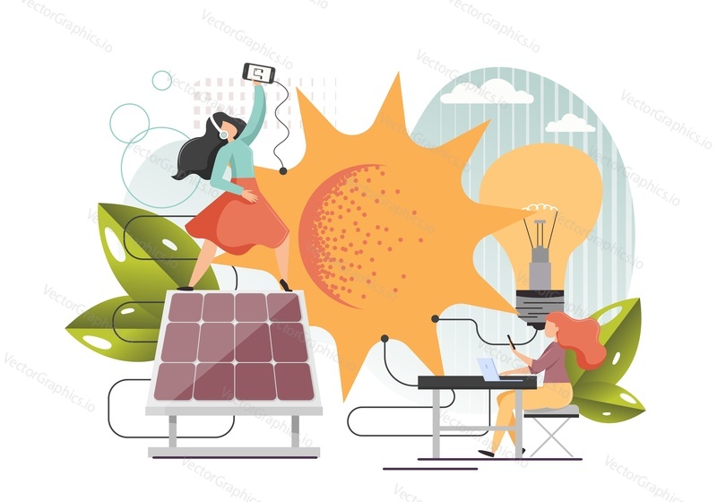 Солнечные панели, женские персонажи, использующие смартфон, ноутбук, заряжающийся от солнечной энергии или солнечной энергии, преобразованной в электрическую энергию, векторная иллюстрация дизайна в плоском стиле. Чистый возобновляемый источник энергии.
