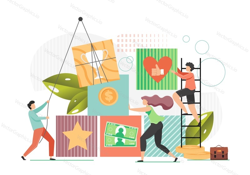 Business people team building pyramid, vector flat style design illustration. Successful business dream, financial pyramid concept for web banner, website page etc.
