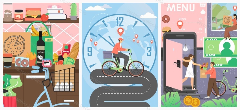 Home food delivery vector poster template set. Kitchen interior with furniture and foodstuff. Fast food pizza grocery products online ordering, bike courier delivery service concept, flat illustration